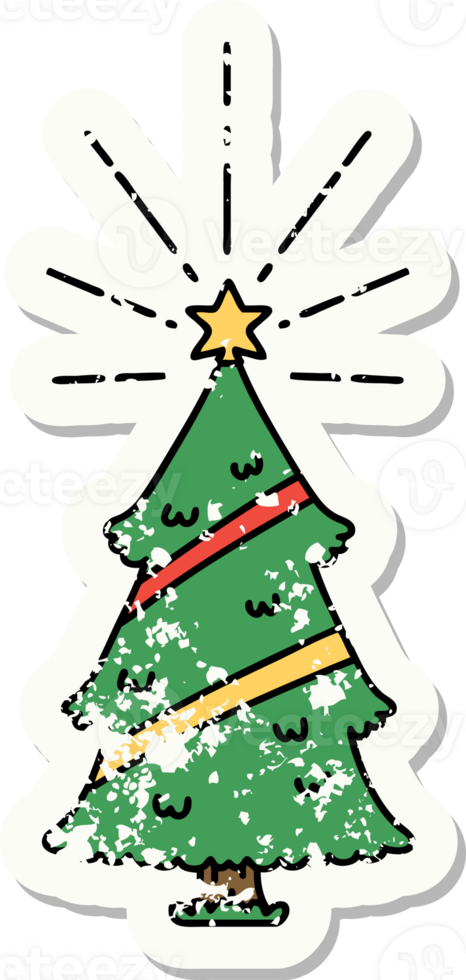 worn old sticker of a tattoo style christmas tree with star png
