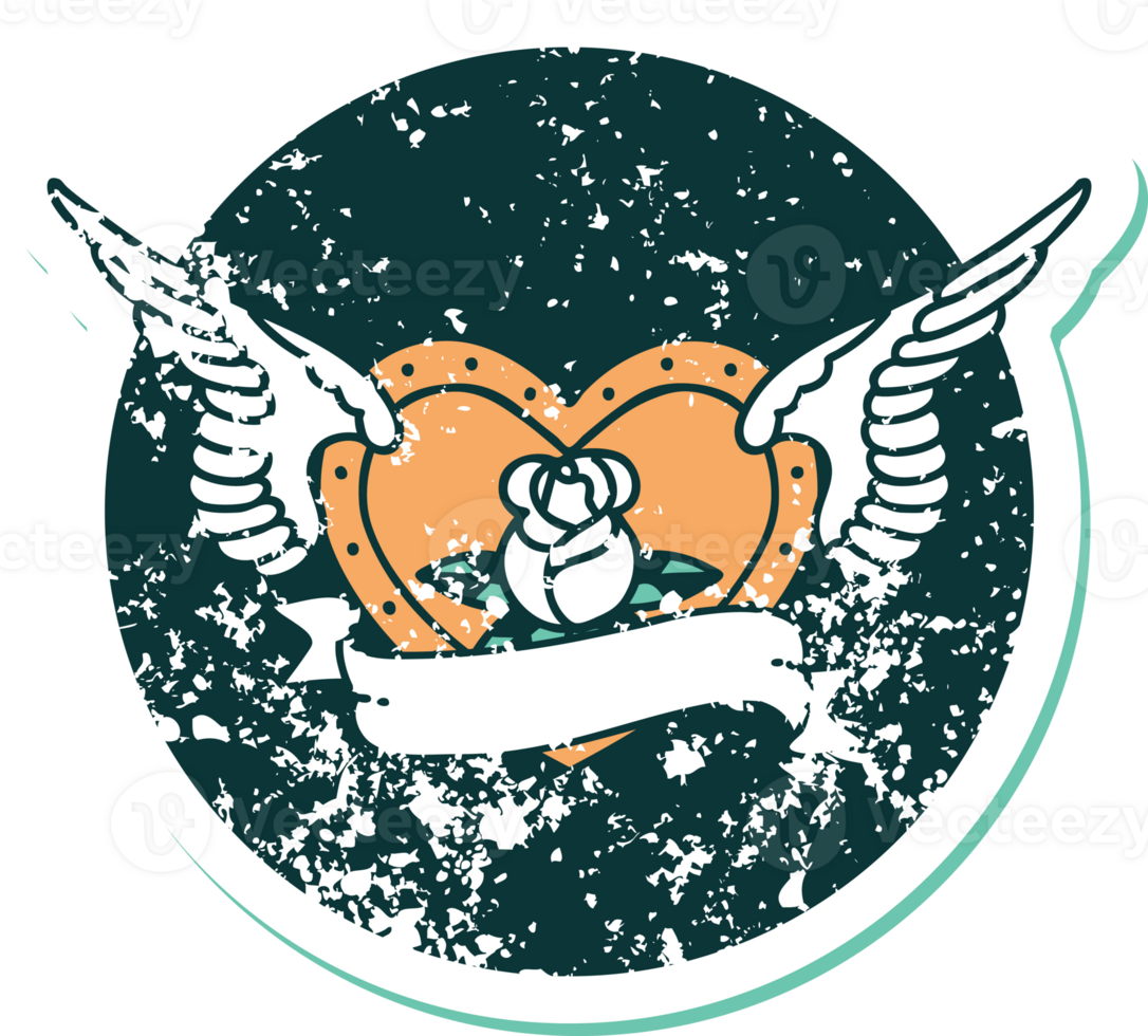 iconic distressed sticker tattoo style image of a flying heart with flowers and banner png