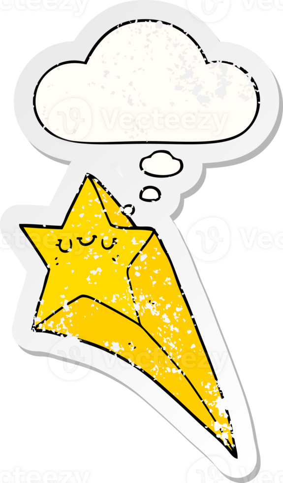 cartoon shooting star with thought bubble as a distressed worn sticker png