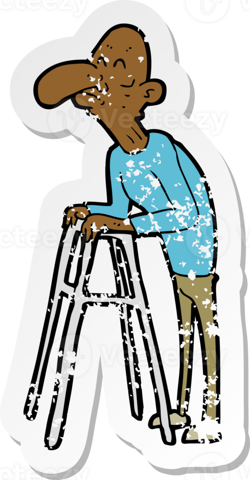 retro distressed sticker of a cartoon old man with walking frame png
