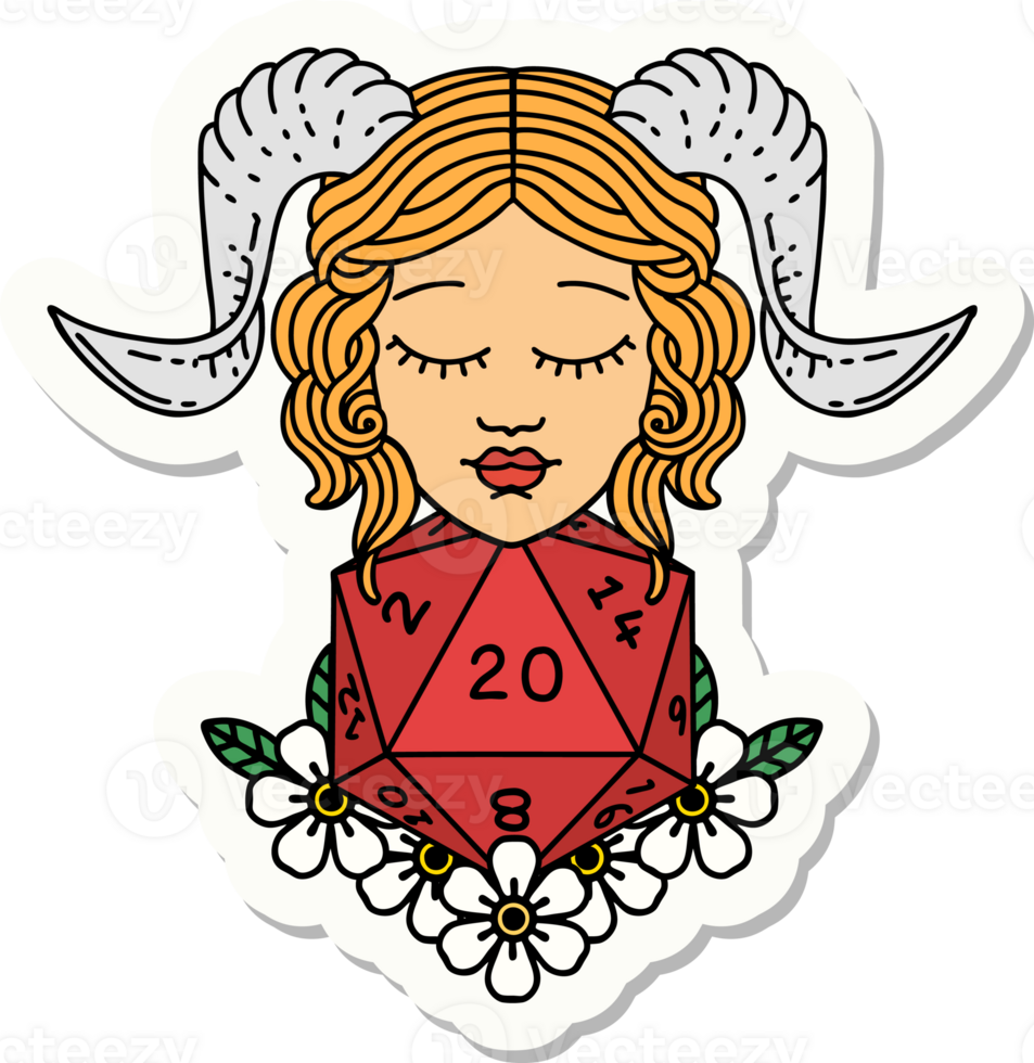 sticker of a tiefling with natural 20 D20 dice roll png