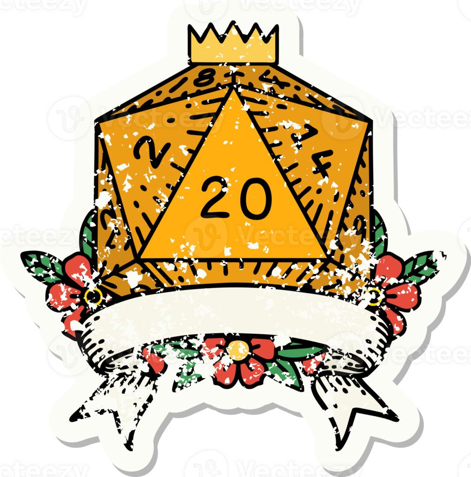 grunge sticker of a natural 20 critical hit D20 dice roll png