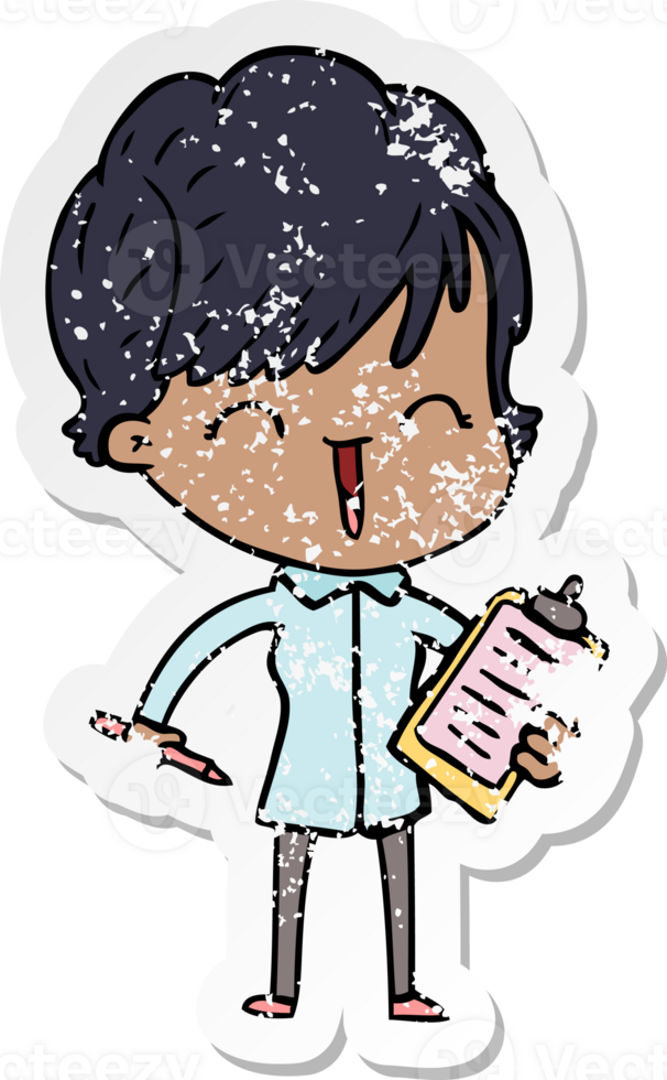 distressed sticker of a cartoon laughing woman png