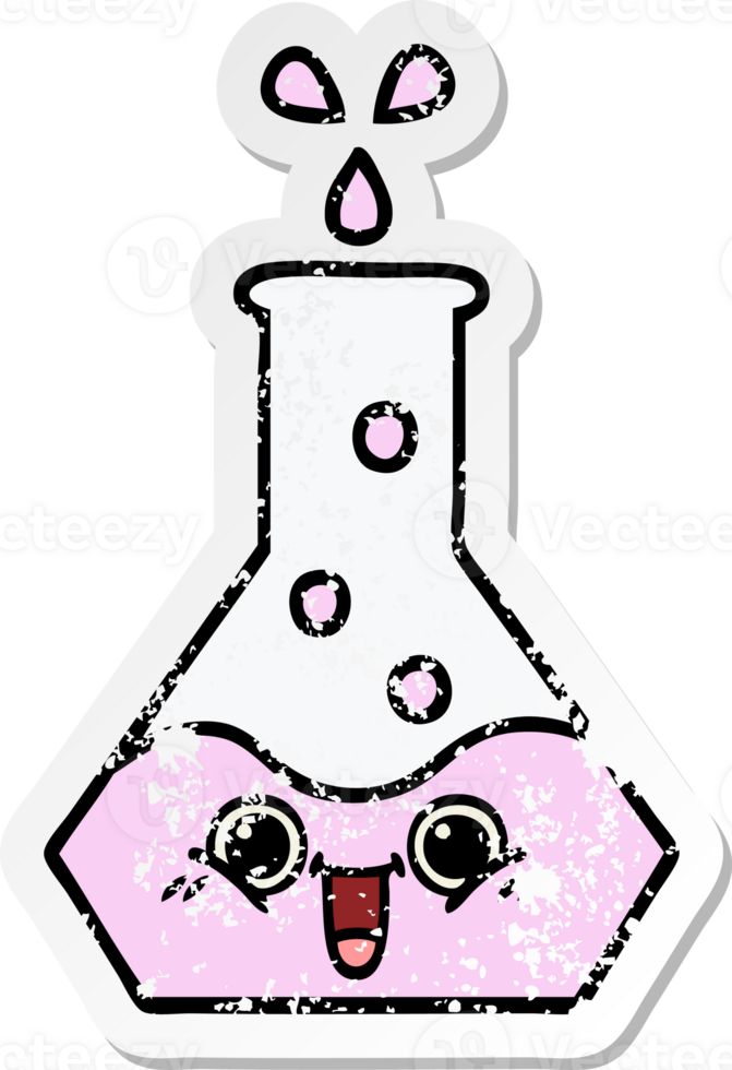distressed sticker of a cute cartoon science beaker png