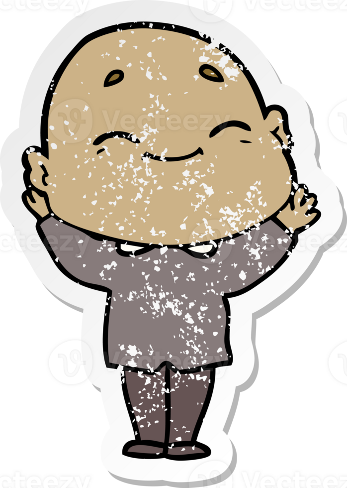 distressed sticker of a cartoon happy bald man png