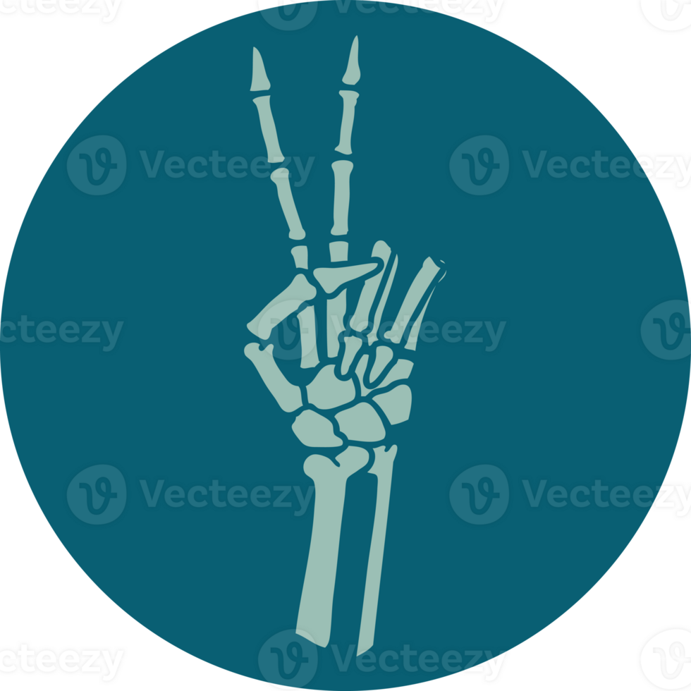 iconic tattoo style image of a skeleton giving a peace sign png