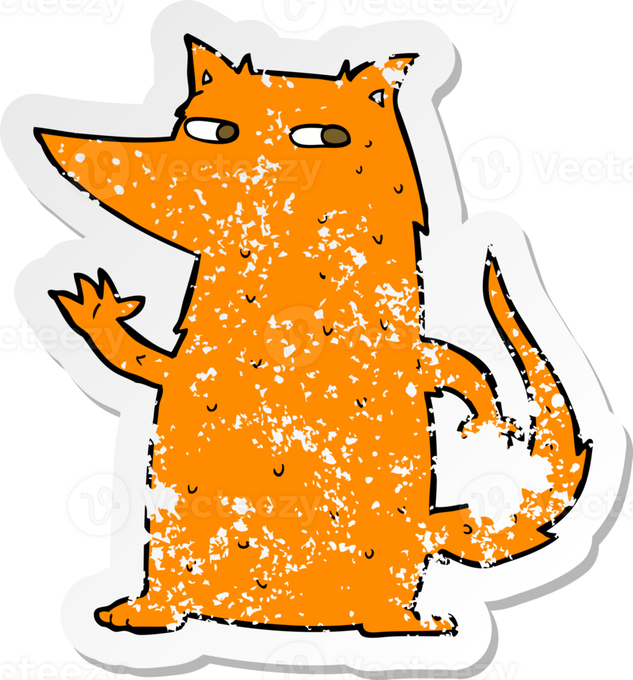 retro distressed sticker of a cartoon fox waving png
