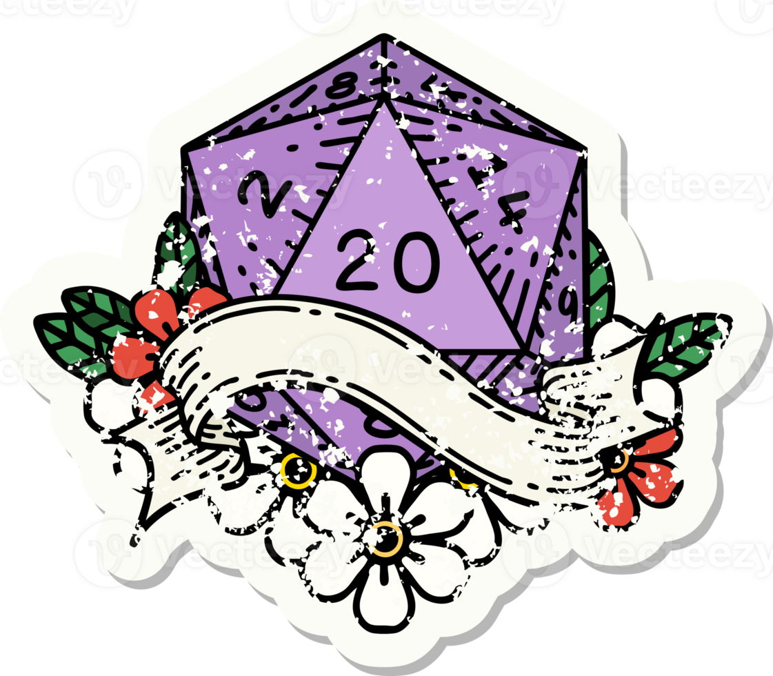 grunge sticker of a natural twenty D20 dice roll png