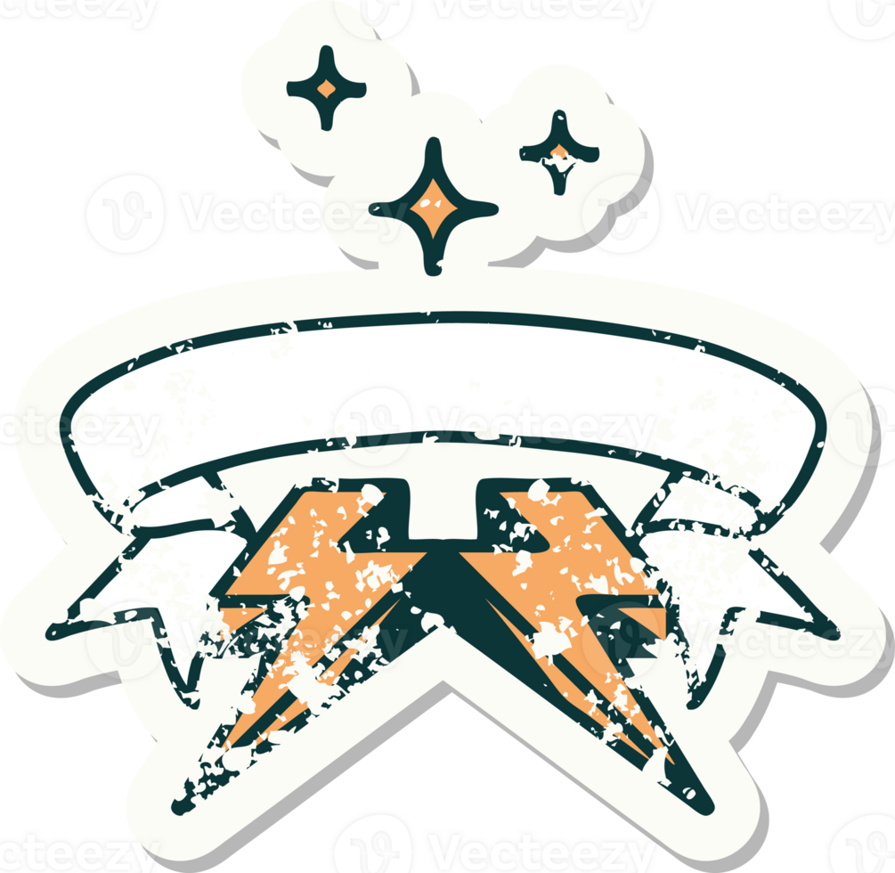 worn old sticker with banner of lighting bolt png