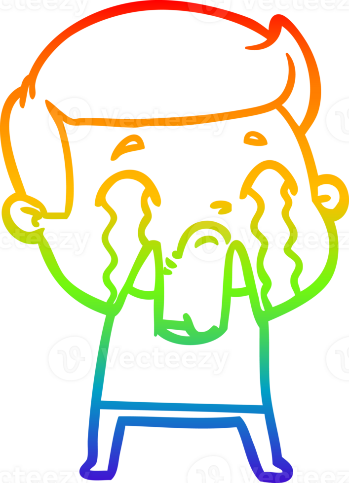 rainbow gradient line drawing of a cartoon man crying png