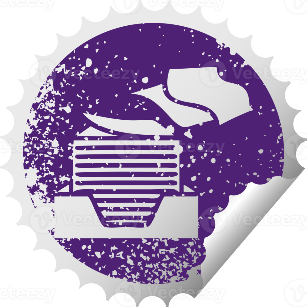 distressed circular peeling sticker symbol of a stack of office papers png