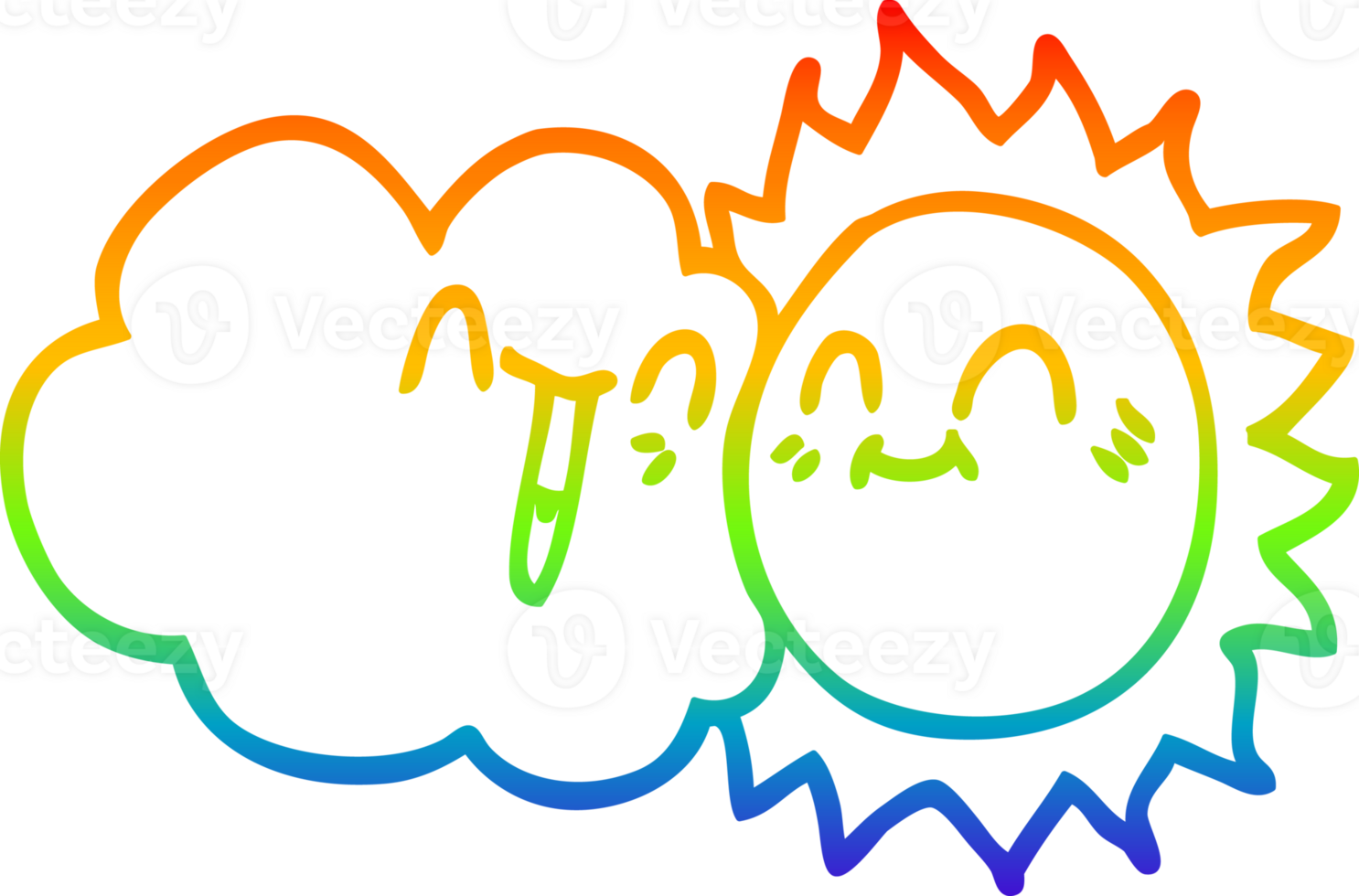 rainbow gradient line drawing of a cartoon happy sun and cloud png