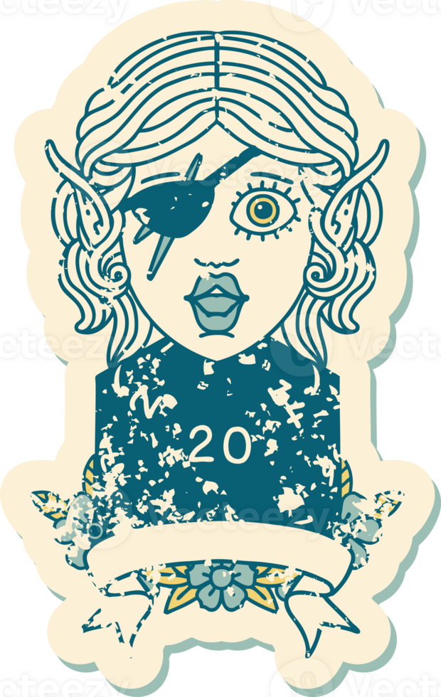 Retro Tattoo Style elf rogue character with natural twenty dice roll png