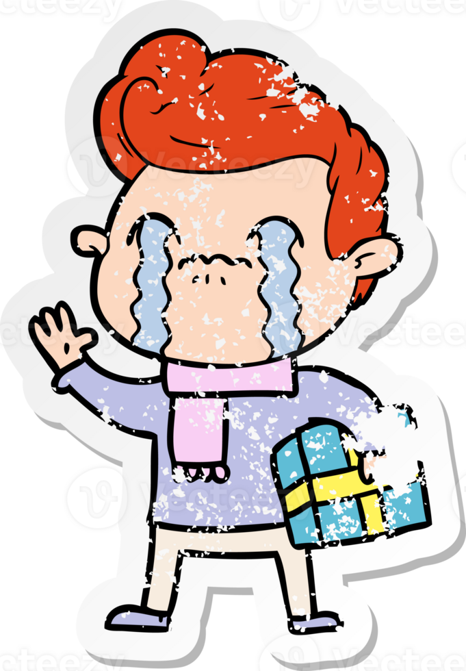 distressed sticker of a cartoon man crying png