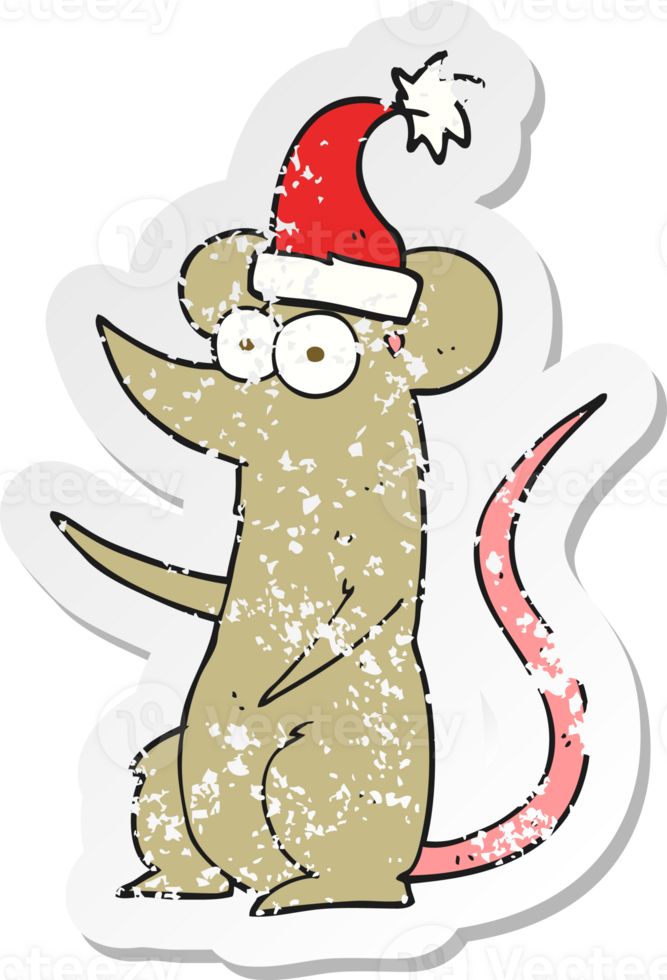 retro distressed sticker of a cartoon mouse wearing christmas hat png