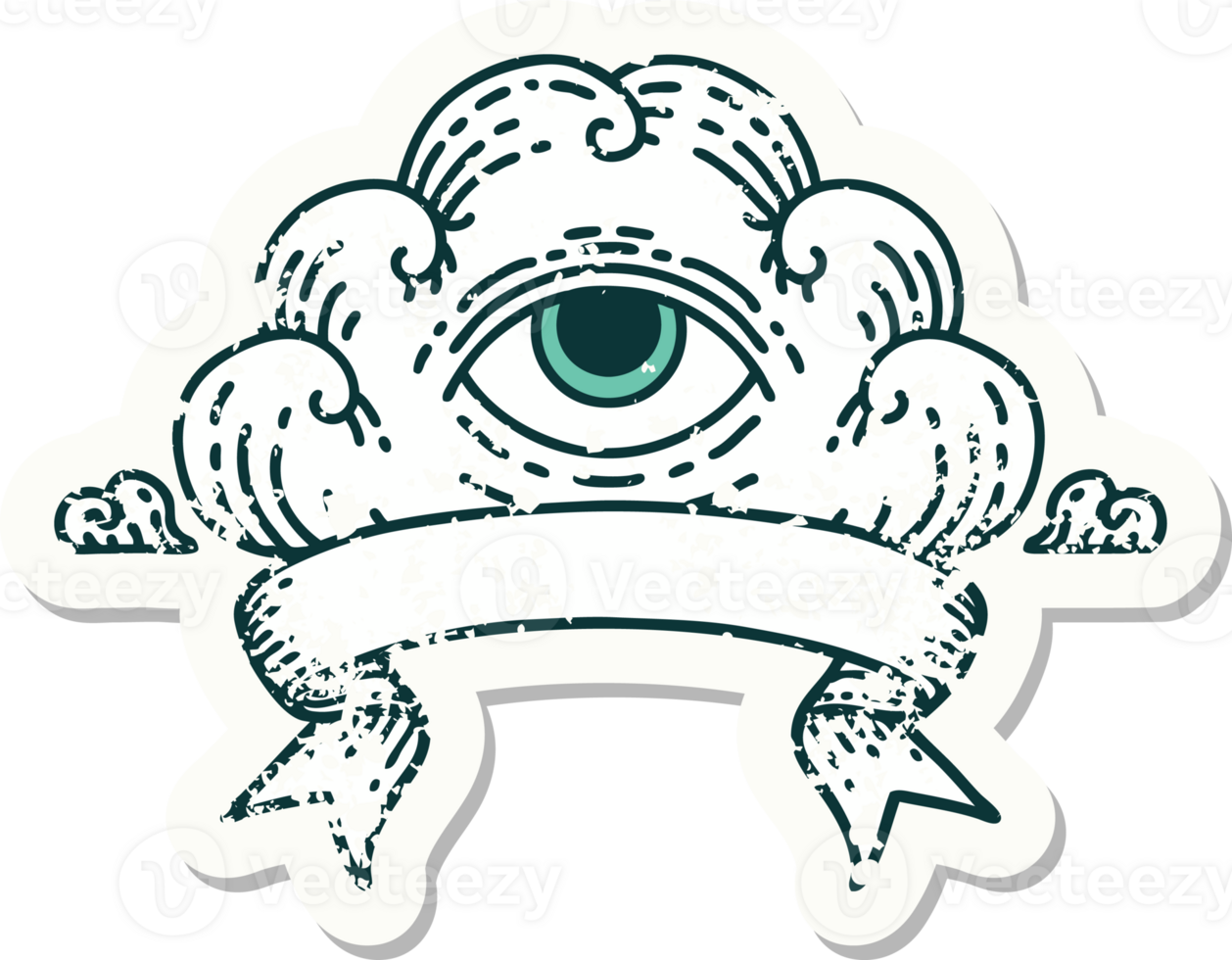 worn old sticker with banner of an all seeing eye cloud png