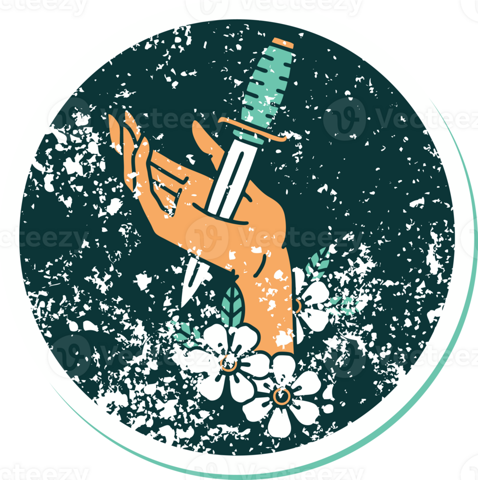 iconic distressed sticker tattoo style image of a dagger in the hand png