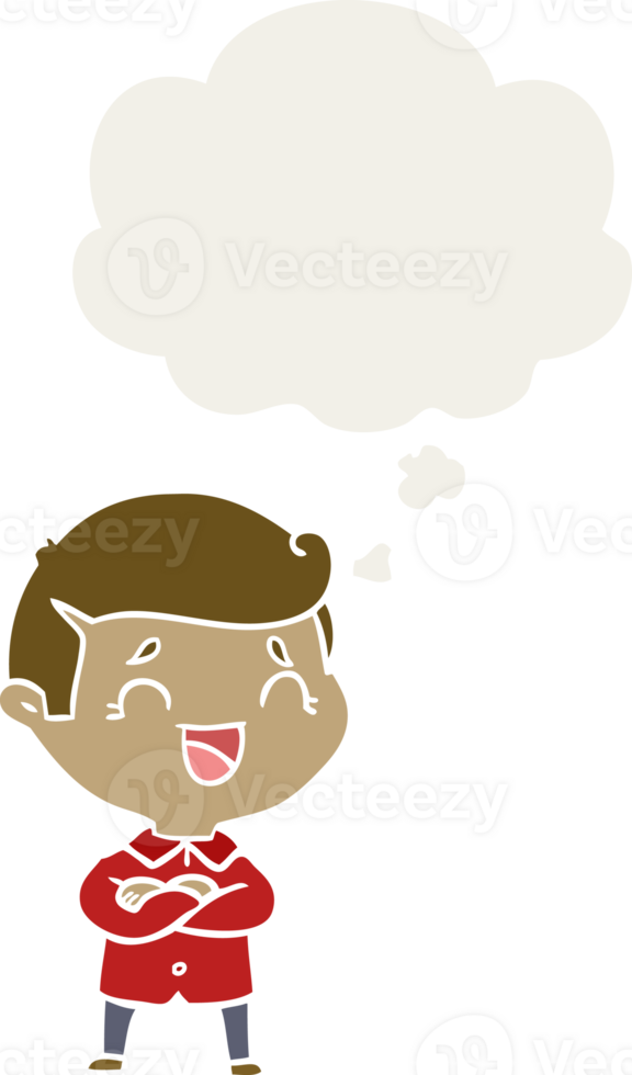 cartoon laughing man with thought bubble in retro style png