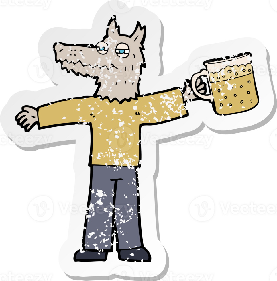 retro distressed sticker of a cartoon wolf man drinking beer png
