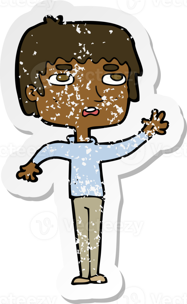 retro distressed sticker of a cartoton unhapy boy waving png