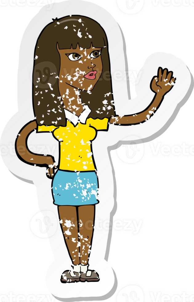 retro distressed sticker of a cartoon pretty woman waving png