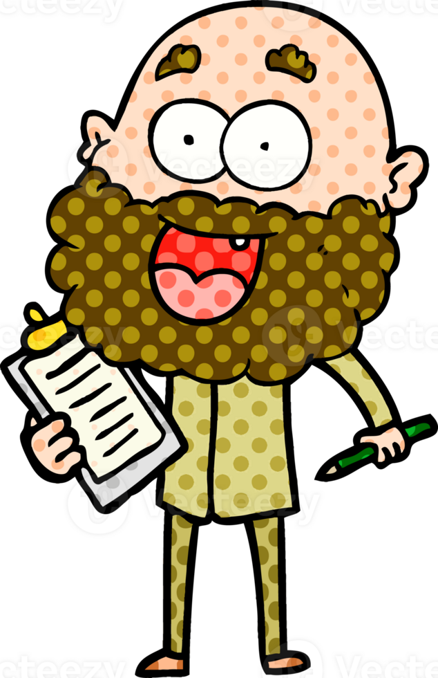 cartoon crazy happy man with beard and clip board for notes png