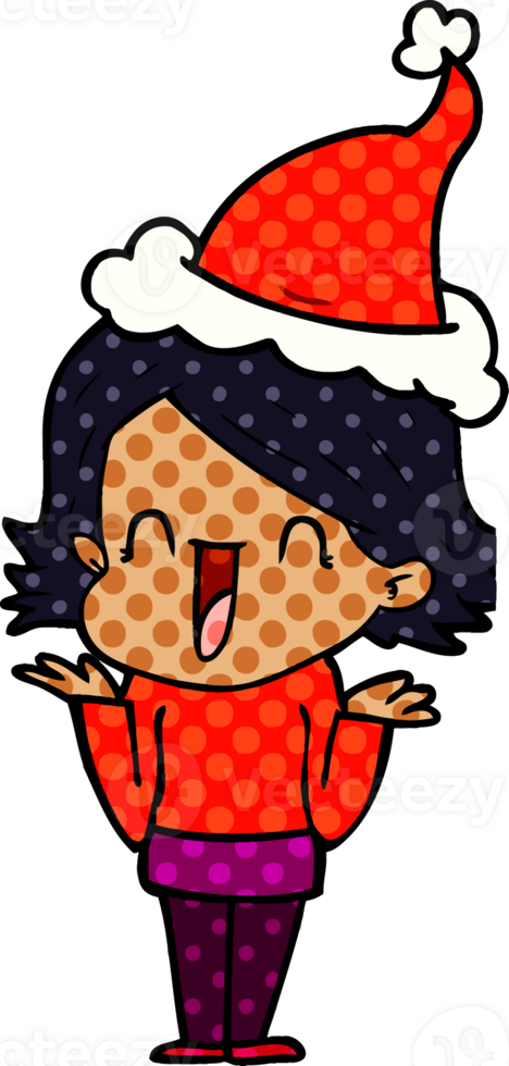 hand drawn comic book style illustration of a happy woman wearing santa hat png
