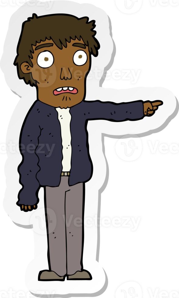 sticker of a cartoon terrified man pointing png