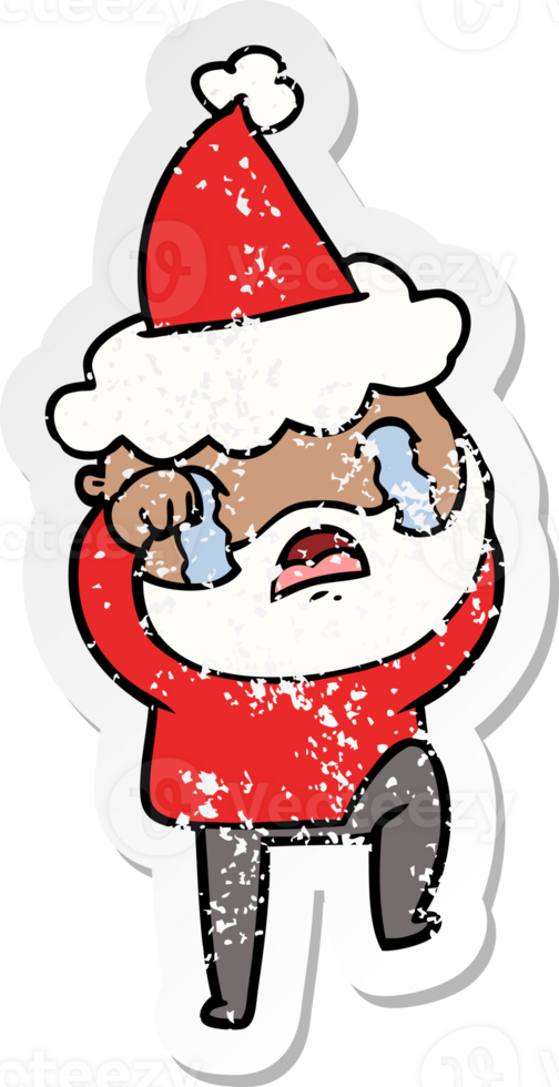 hand drawn distressed sticker cartoon of a bearded man crying and stamping foot wearing santa hat png