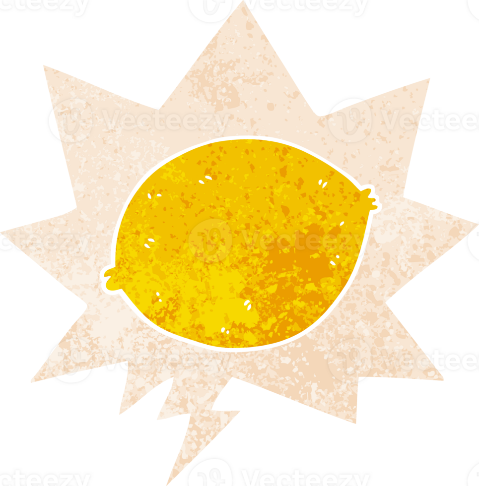 cartoon lemon with speech bubble in grunge distressed retro textured style png