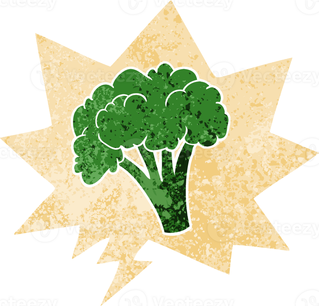 cartoon brocoli with speech bubble in grunge distressed retro textured style png