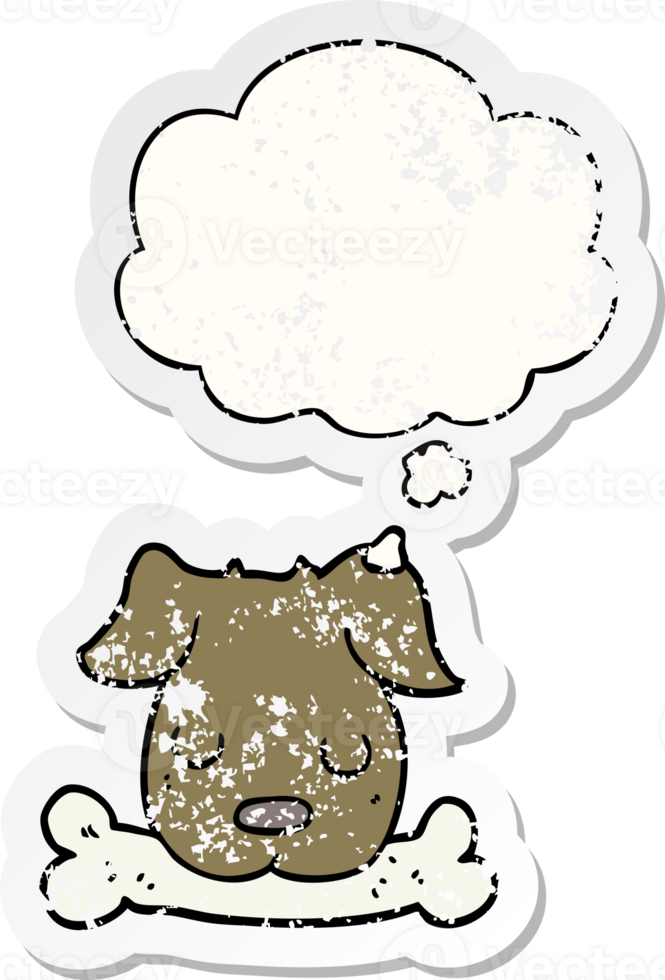 cartoon dog with bone with thought bubble as a distressed worn sticker png