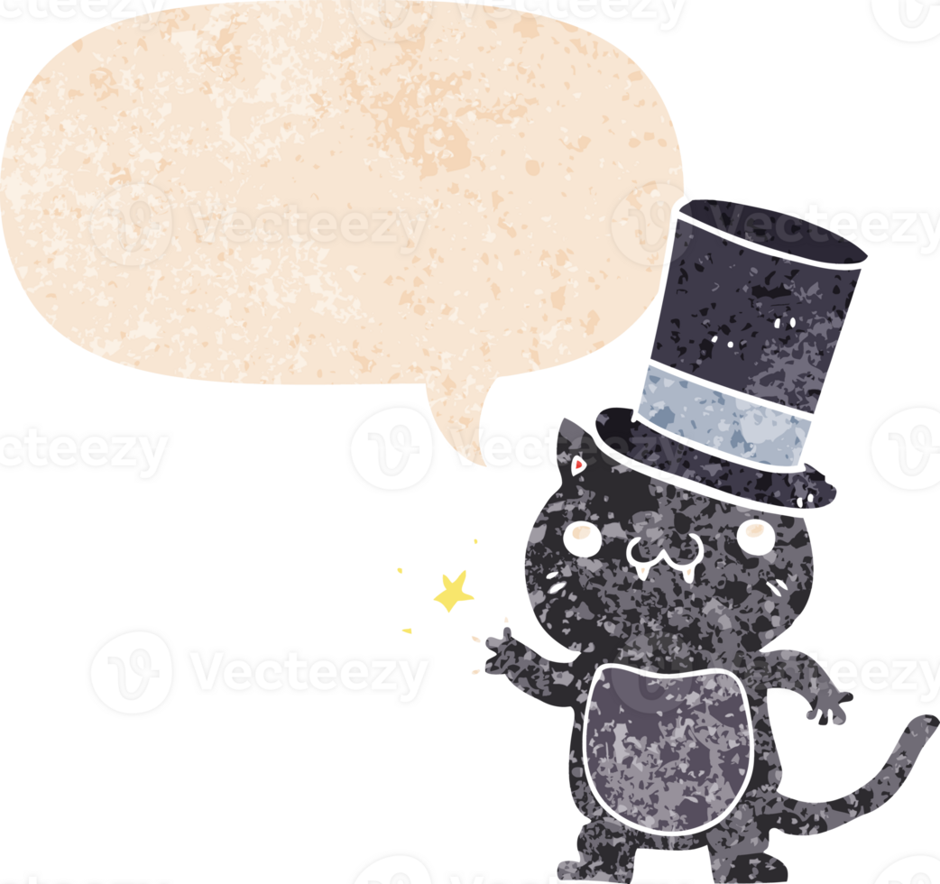 cartoon cat wearing top hat with speech bubble in grunge distressed retro textured style png