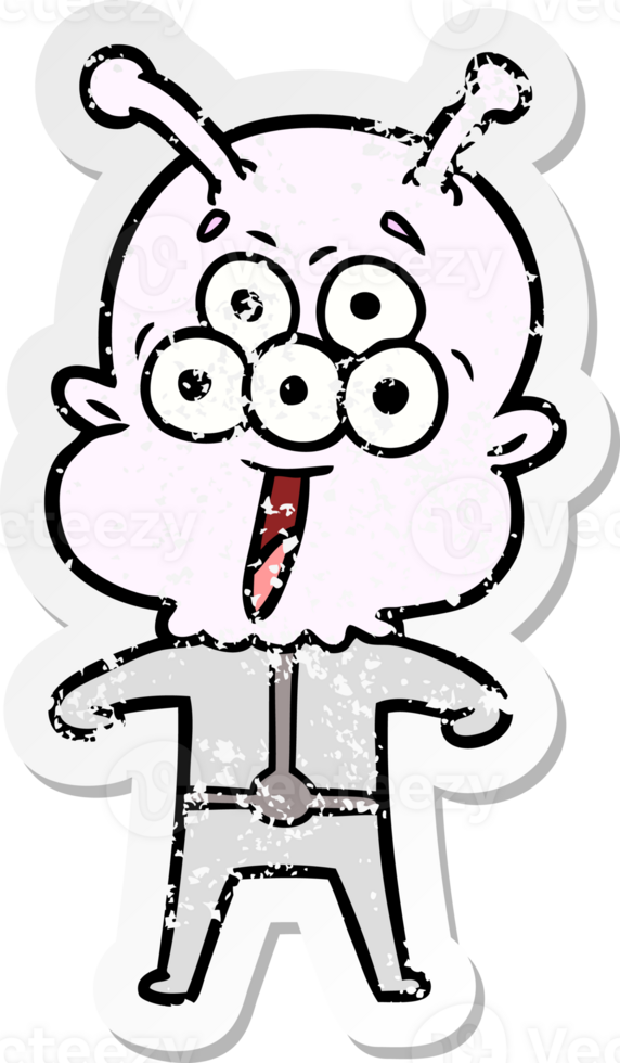 distressed sticker of a happy cartoon alien png
