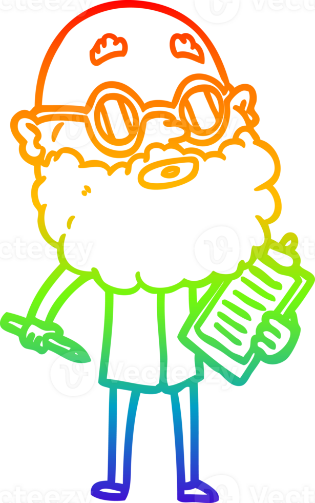 rainbow gradient line drawing of a cartoon curious man with beard and sunglasses png