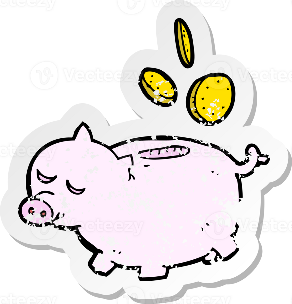 retro distressed sticker of a cartoon piggy bank png