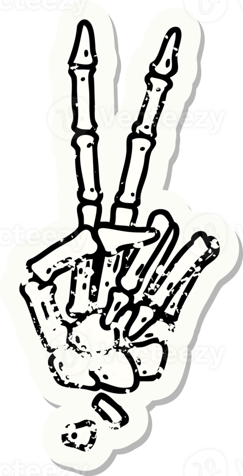 distressed sticker tattoo in traditional style of a skeleton giving a peace sign png