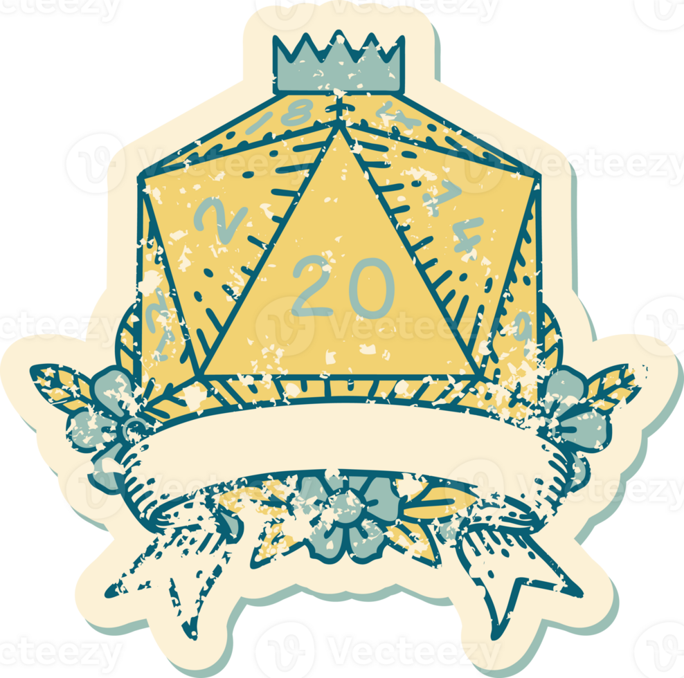 Retro Tattoo Style natural 20 critical hit D20 dice roll png