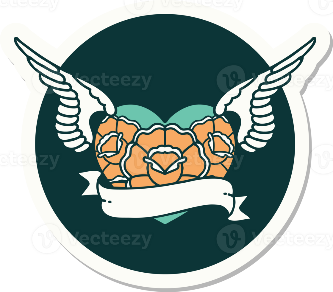 sticker of tattoo in traditional style of a flying heart with flowers and banner png