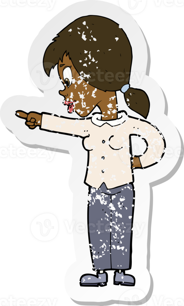 retro distressed sticker of a cartoon enthusiastic woman pointing png