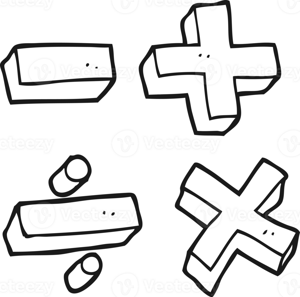 hand drawn black and white cartoon math symbols png