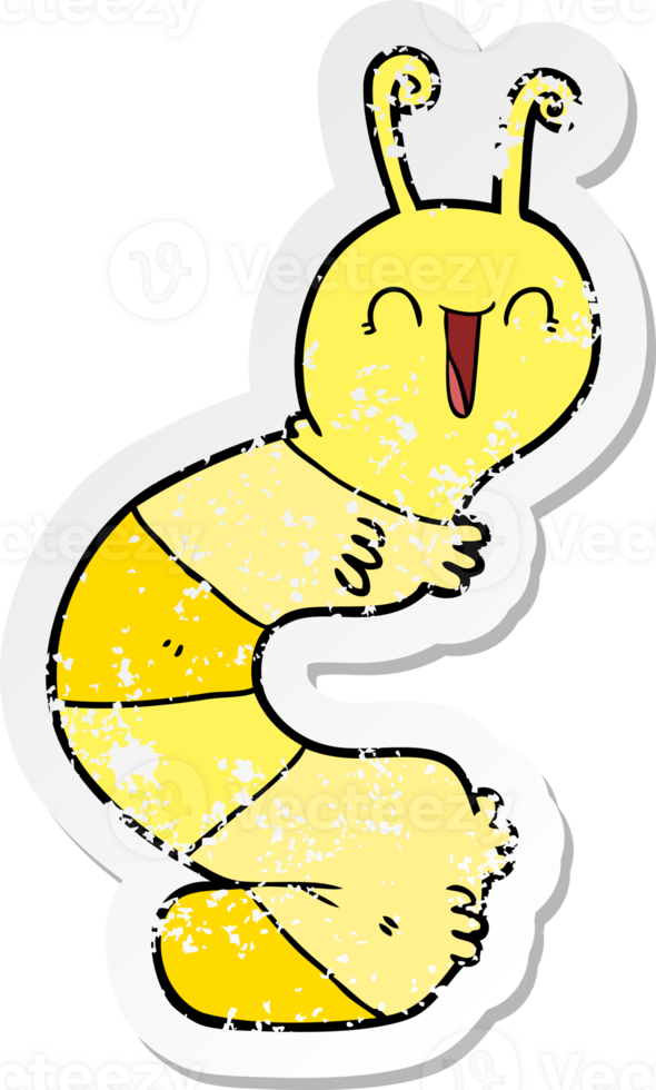 distressed sticker of a cartoon happy caterpillar png