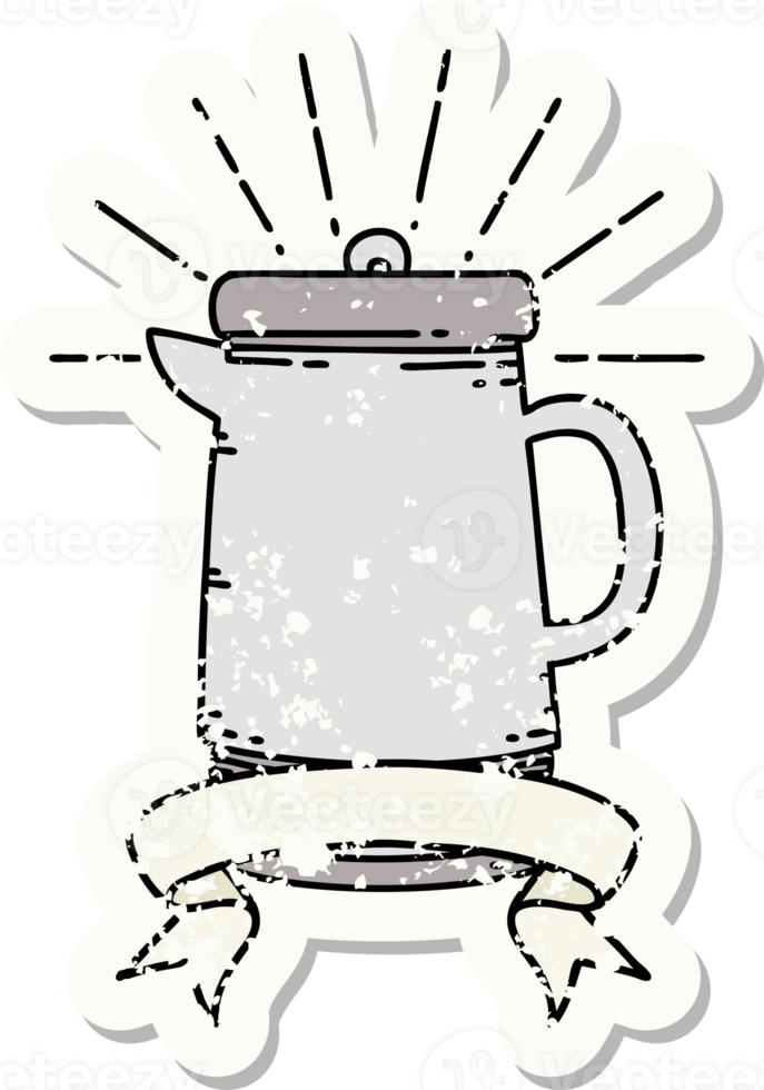 worn old sticker of a tattoo style coffee pot png
