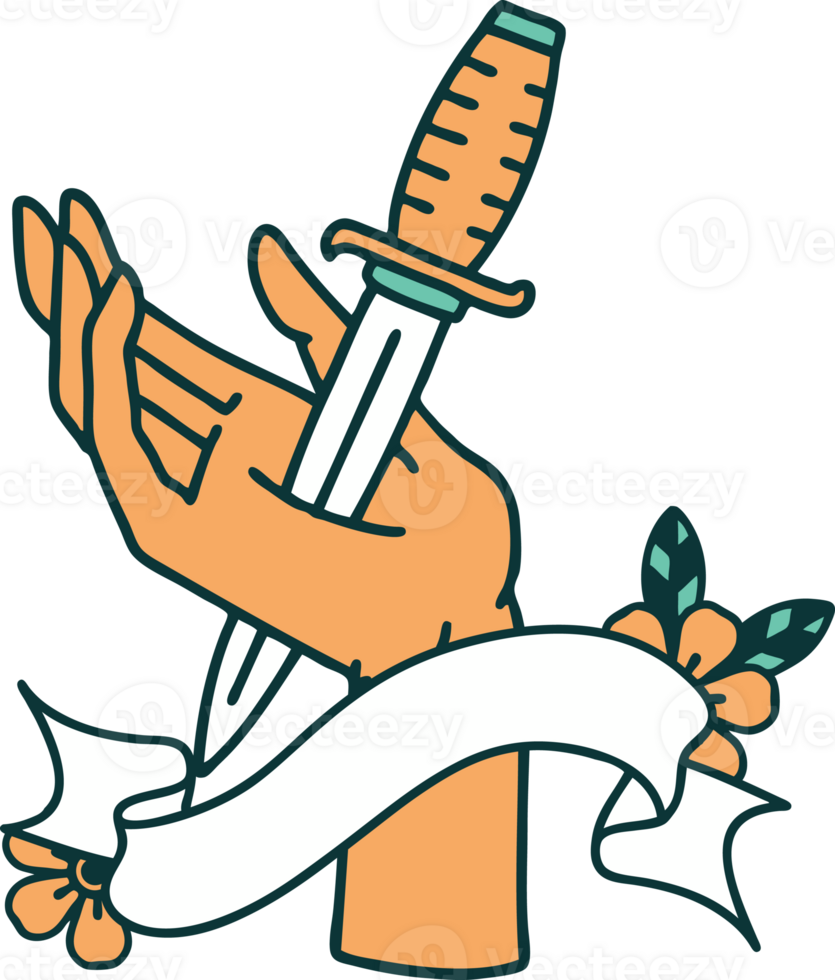 traditional tattoo with banner of a dagger in the hand png