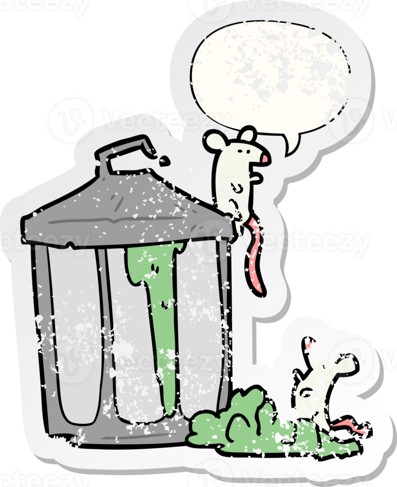 cartoon old metal garbage can with mice with speech bubble distressed distressed old sticker png