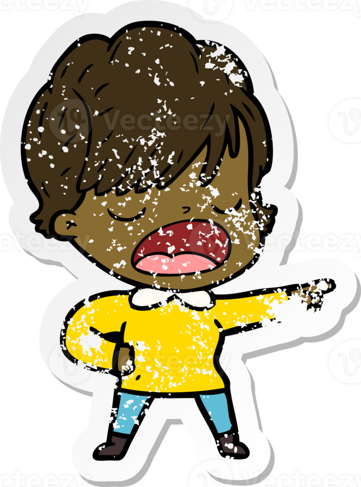 distressed sticker of a cartoon woman talking png