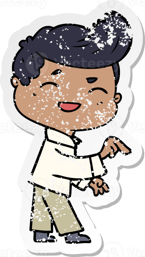 distressed sticker of a cartoon man laughing and pointing png