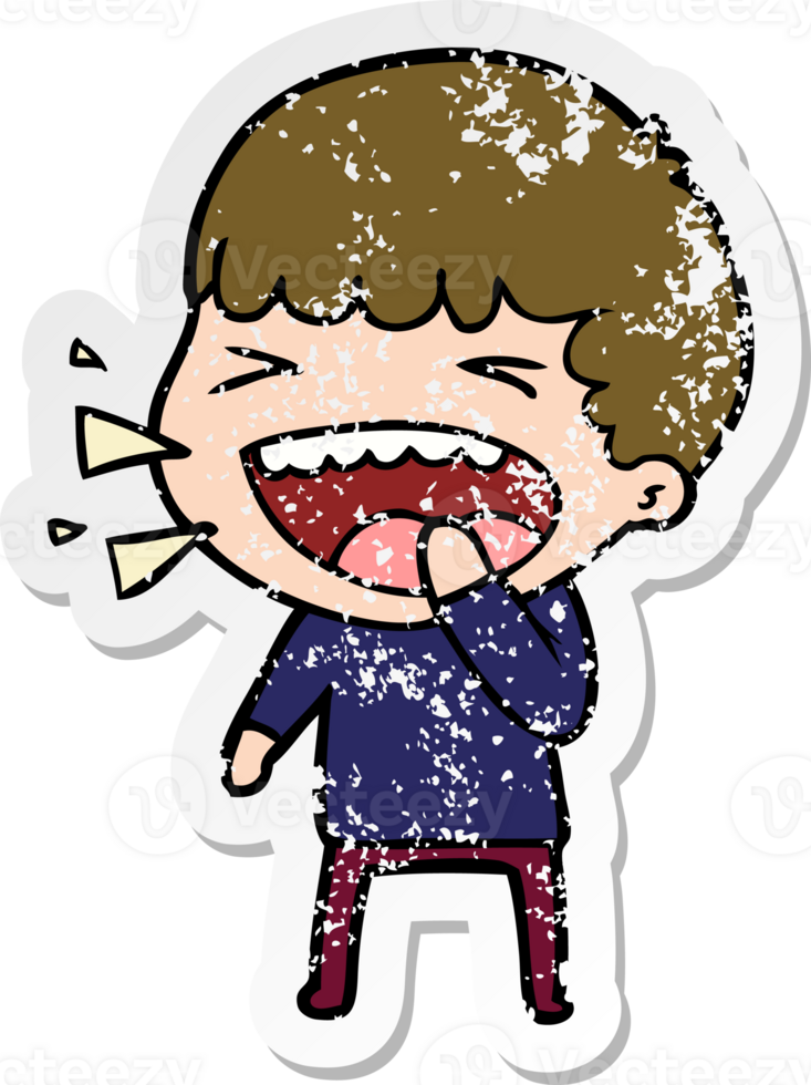 distressed sticker of a cartoon laughing man png