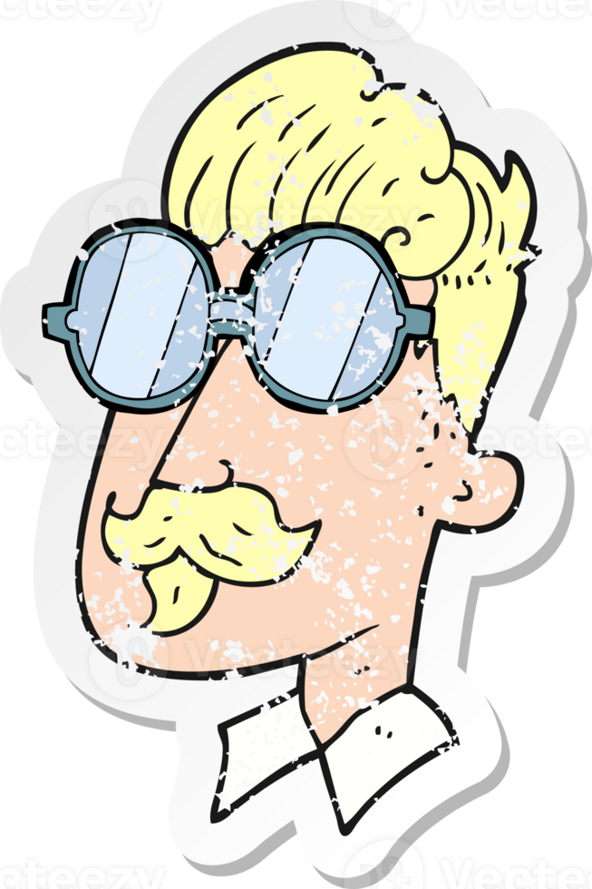 retro distressed sticker of a cartoon man with mustache and spectacles png