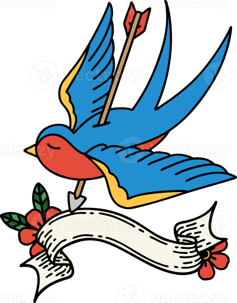 traditional tattoo with banner of a swallow shot through with arrow png